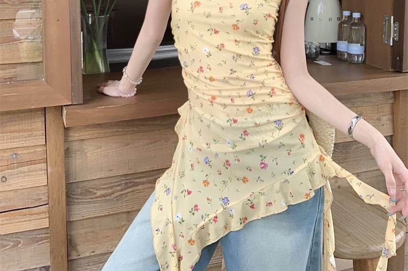 Tank Floral Asymmetrical Fit Neck Trim Ruffle Top Slim Square