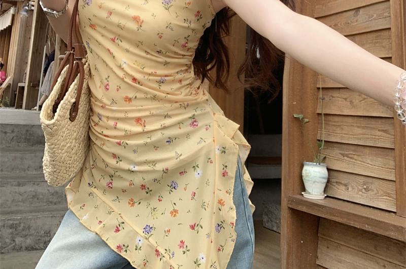 Tank Floral Asymmetrical Fit Neck Trim Ruffle Top Slim Square