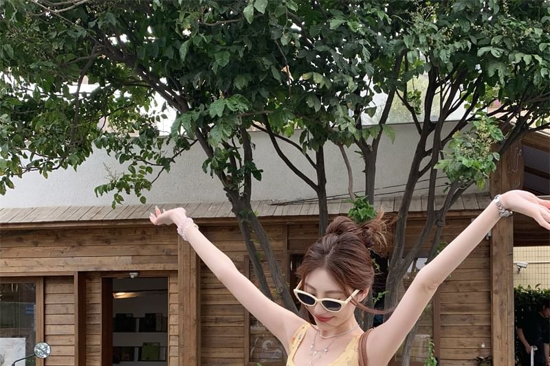 Tank Floral Asymmetrical Fit Neck Trim Ruffle Top Slim Square