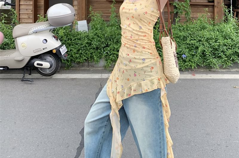 Tank Floral Asymmetrical Fit Neck Trim Ruffle Top Slim Square