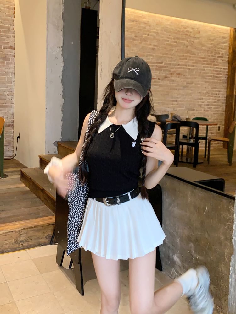 Contrast / Pleated High Waist Collar Skirt Top Plain Knit Tank Mini A-Line