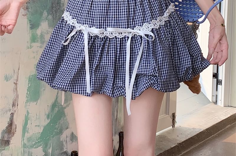 Skirt A-Line / Mini Short-Sleeve Trim Neck Fit Tee Slim Waist Bow Plain Plaid Hem Bubble Lace Elastic Scoop