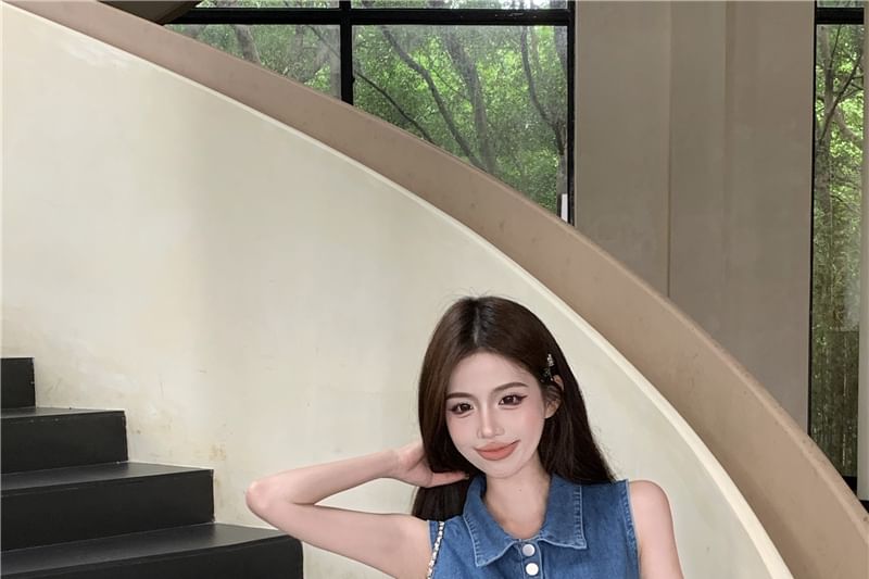 Henley Denim Trim Frill Top Tank Collar Crop Waist Shorts High /