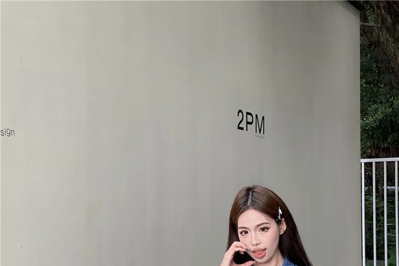 Henley Denim Trim Frill Top Tank Collar Crop Waist Shorts High /