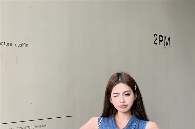 Henley Denim Trim Frill Top Tank Collar Crop Waist Shorts High /