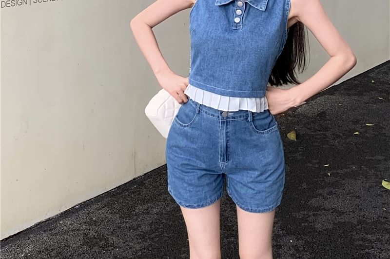 Henley Denim Trim Frill Top Tank Collar Crop Waist Shorts High /