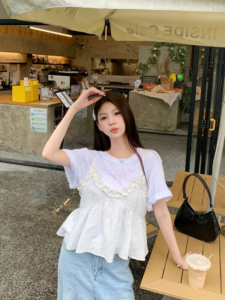 Ruffle Neck Short-Sleeve Crew Bow Flowy Trim Tee Camisole / Top Print