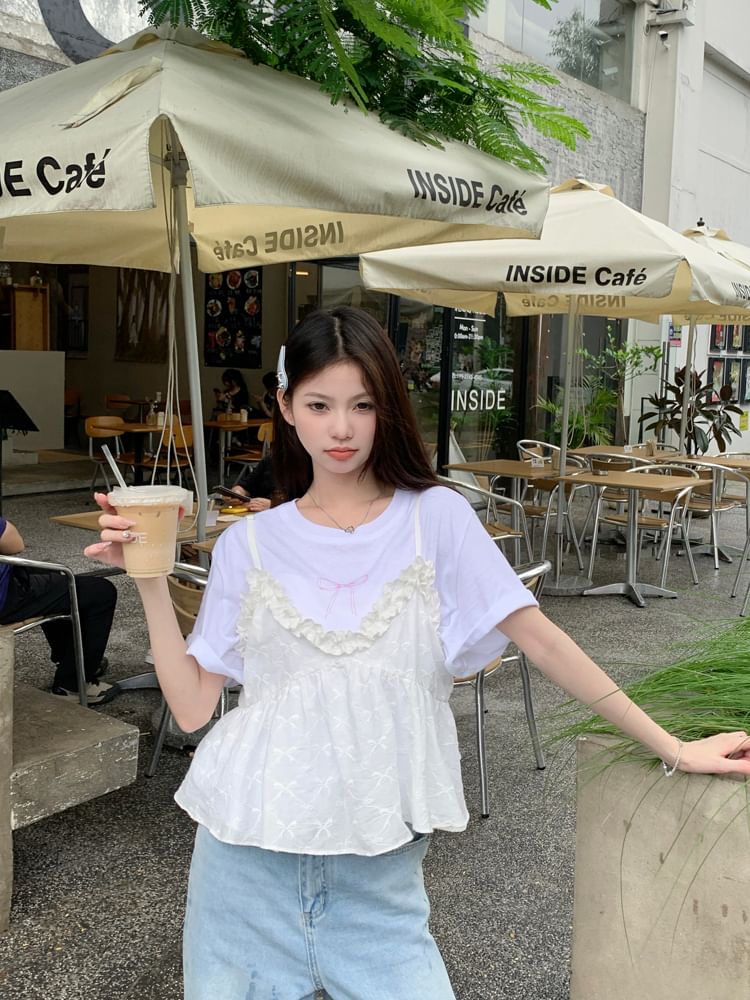 Ruffle Neck Short-Sleeve Crew Bow Flowy Trim Tee Camisole / Top Print