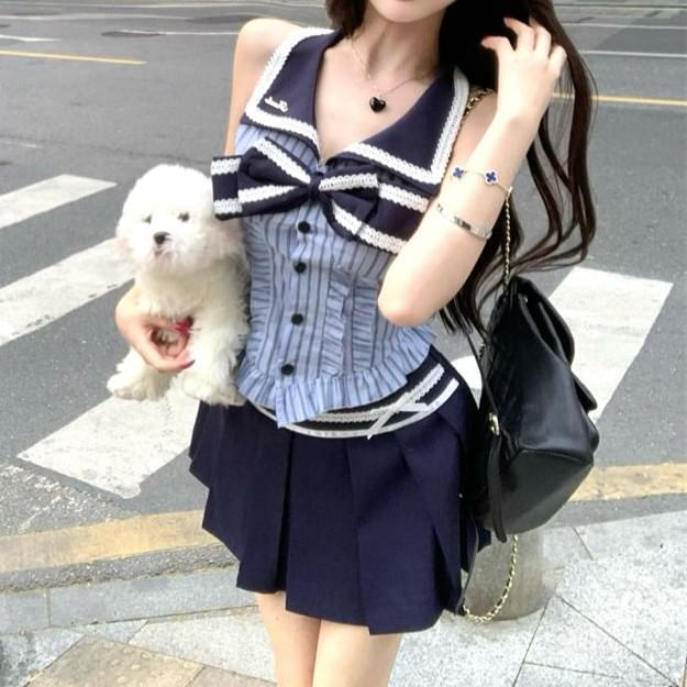 Mini Pleated Rise Skirt A-Line / High Striped Sleeveless Blouse Bow Collar