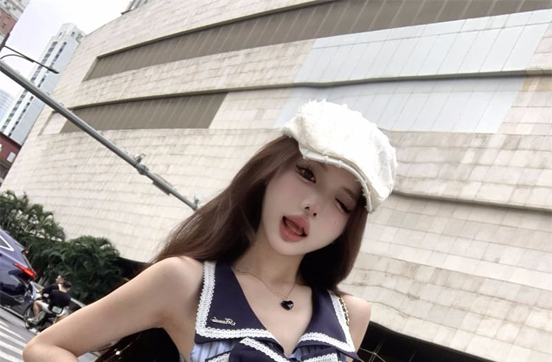 Mini Pleated Rise Skirt A-Line / High Striped Sleeveless Blouse Bow Collar