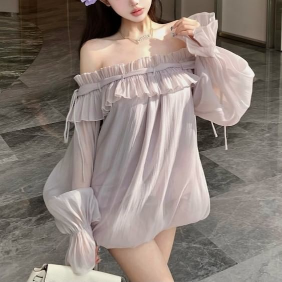 Plain Ruffle Off-Shoulder Trim Tunic Long-Sleeve Blouse