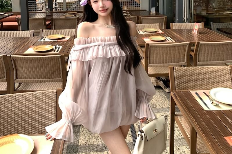 Plain Ruffle Off-Shoulder Trim Tunic Long-Sleeve Blouse