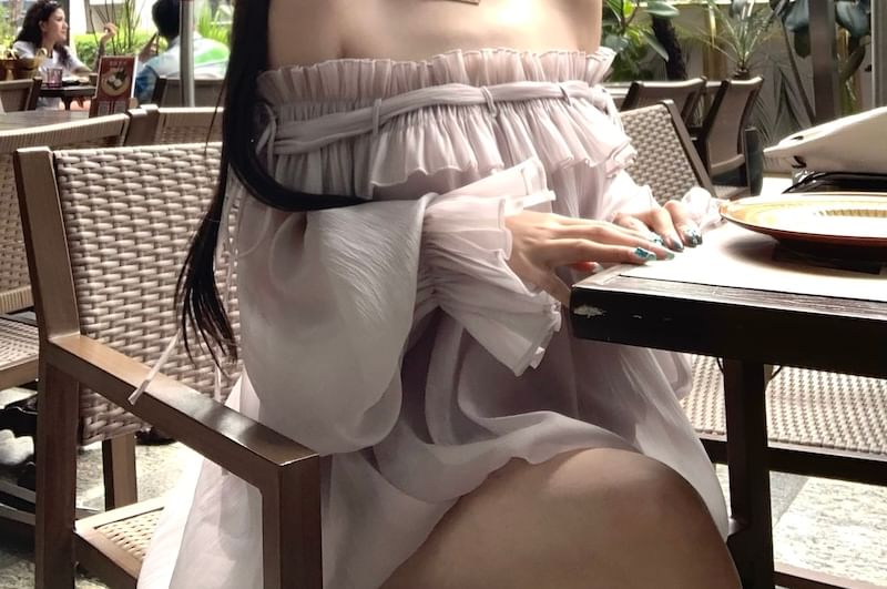 Plain Ruffle Off-Shoulder Trim Tunic Long-Sleeve Blouse