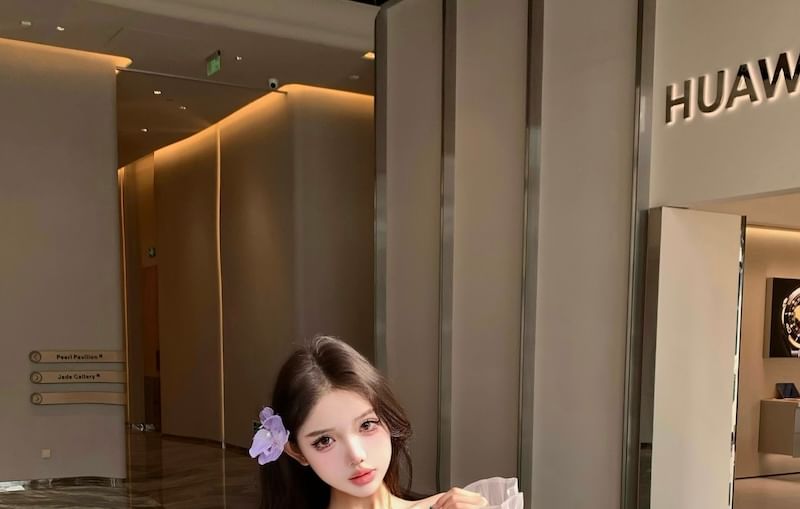 Plain Ruffle Off-Shoulder Trim Tunic Long-Sleeve Blouse