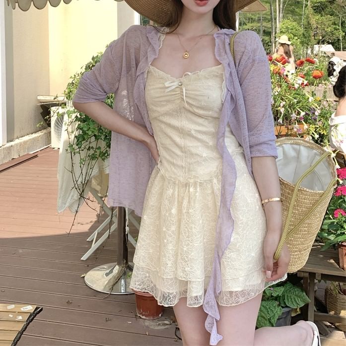 Melange / Trim Ruffle Ruched Lace Strap Dress Bow Spaghetti A-Line Panel Cardigan Mini