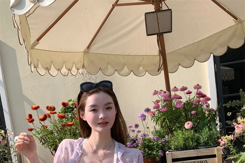 Melange / Trim Ruffle Ruched Lace Strap Dress Bow Spaghetti A-Line Panel Cardigan Mini