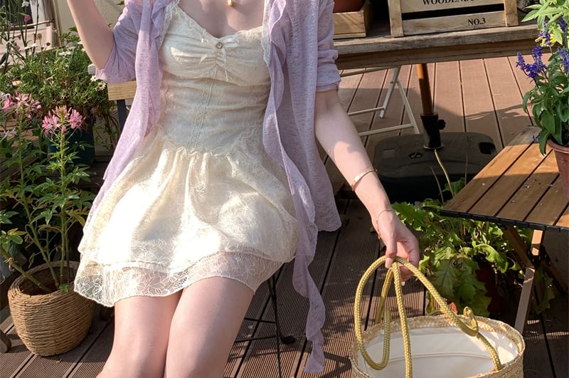 Melange / Trim Ruffle Ruched Lace Strap Dress Bow Spaghetti A-Line Panel Cardigan Mini