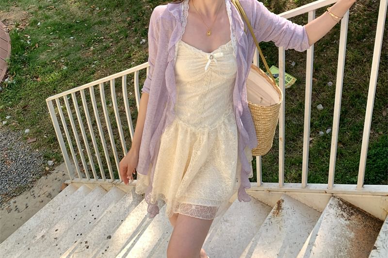 Melange / Trim Ruffle Ruched Lace Strap Dress Bow Spaghetti A-Line Panel Cardigan Mini