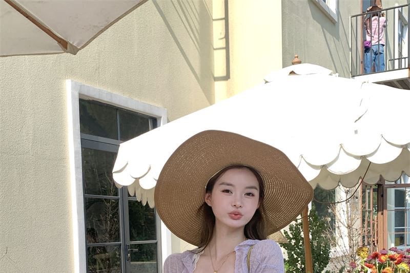 Melange / Trim Ruffle Ruched Lace Strap Dress Bow Spaghetti A-Line Panel Cardigan Mini