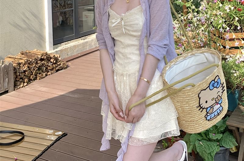 Melange / Trim Ruffle Ruched Lace Strap Dress Bow Spaghetti A-Line Panel Cardigan Mini