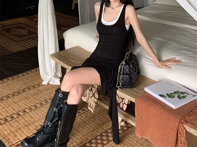 Tank Asymmetrical + Fit Dress Bodycon Sleeveless Scoop Set: Slim Neck Top Mini Plain