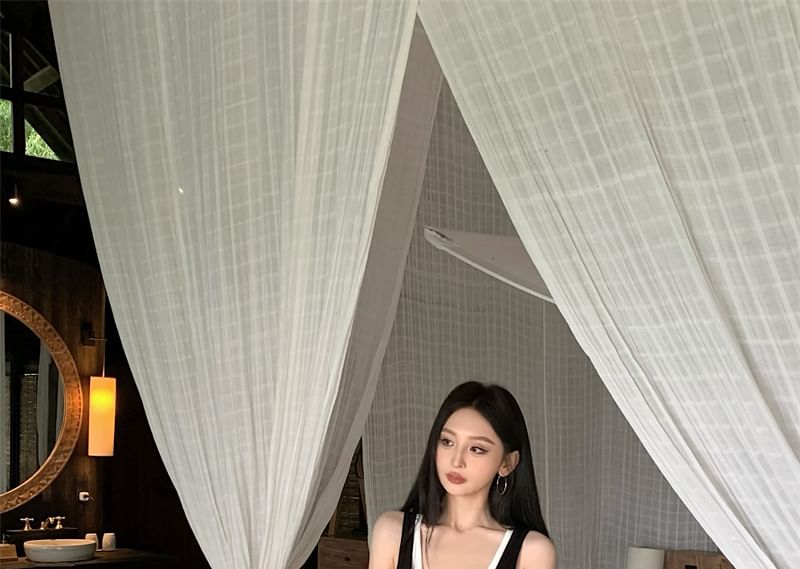 Tank Asymmetrical + Fit Dress Bodycon Sleeveless Scoop Set: Slim Neck Top Mini Plain