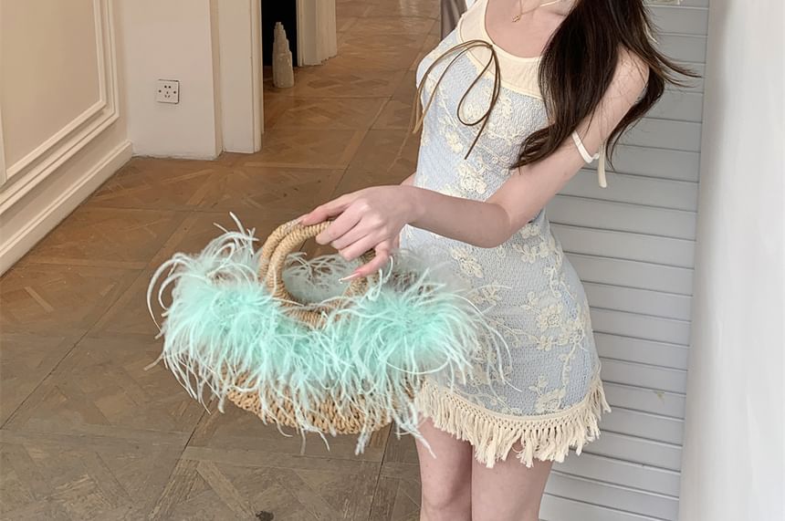 Strap Mini Dress Fringed Two-Piece Floral Spaghetti Bodycon Mock