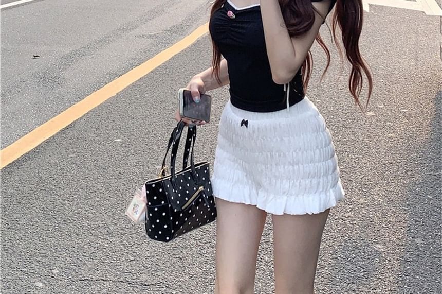 Slim Fit T-Shirt Trim Cap-Sleeve Contrast Bow Crop