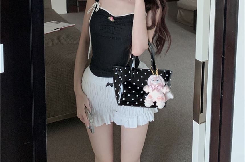 Slim Fit T-Shirt Trim Cap-Sleeve Contrast Bow Crop