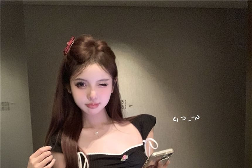 Slim Fit T-Shirt Trim Cap-Sleeve Contrast Bow Crop