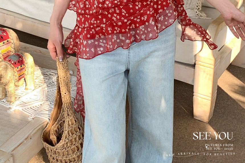 Floral Asymmetrical Trim + Scrunchie Ruffle Cami Set: Top