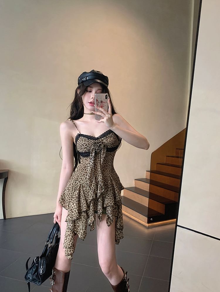 Lace Leopard Trim Spaghetti Asymmetrical Dress Mini Strap Print A-Line
