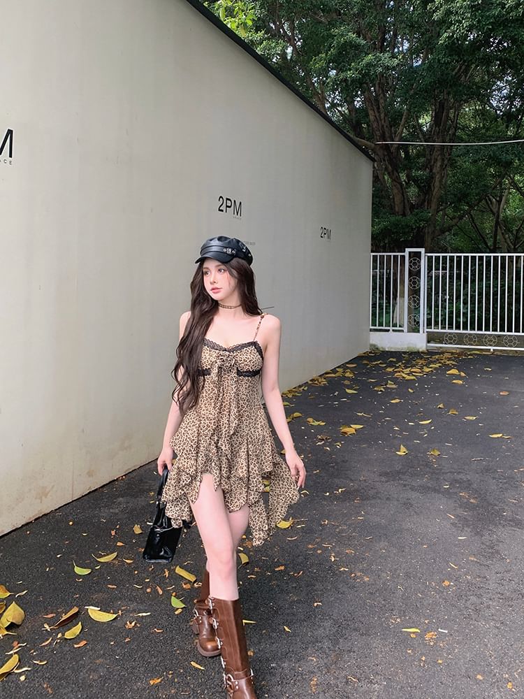 Lace Leopard Trim Spaghetti Asymmetrical Dress Mini Strap Print A-Line