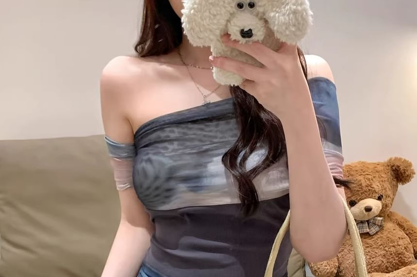 Block Color Off-Shoulder Top Short-Sleeve Fit Mesh Slim