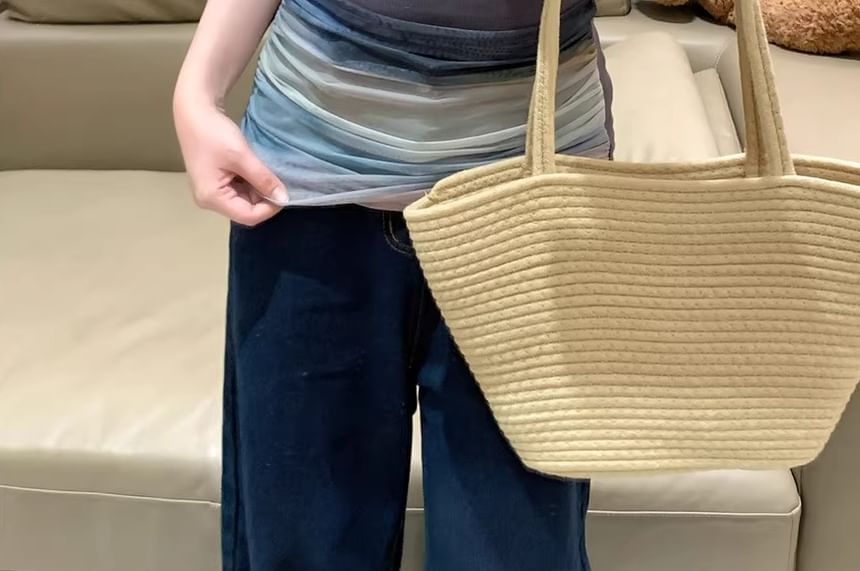 Block Color Off-Shoulder Top Short-Sleeve Fit Mesh Slim