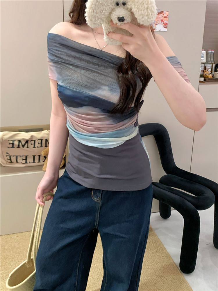 Block Color Off-Shoulder Top Short-Sleeve Fit Mesh Slim