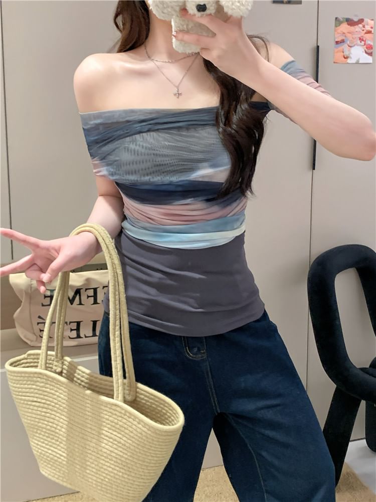 Block Color Off-Shoulder Top Short-Sleeve Fit Mesh Slim