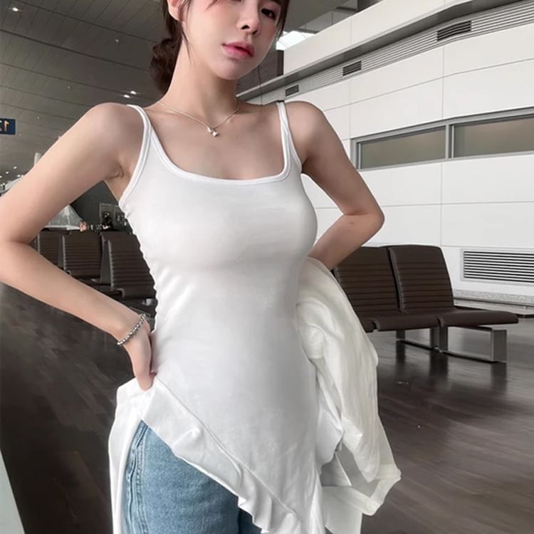 Ruffle Top Slim Neck Tank Long Plain Asymmetrical Square Trim Fit
