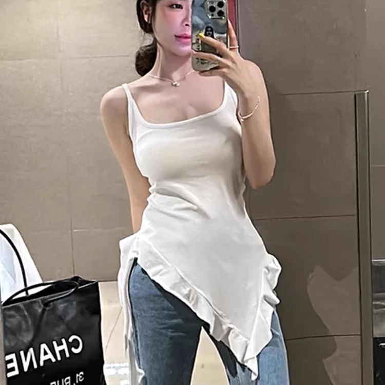 Ruffle Top Slim Neck Tank Long Plain Asymmetrical Square Trim Fit