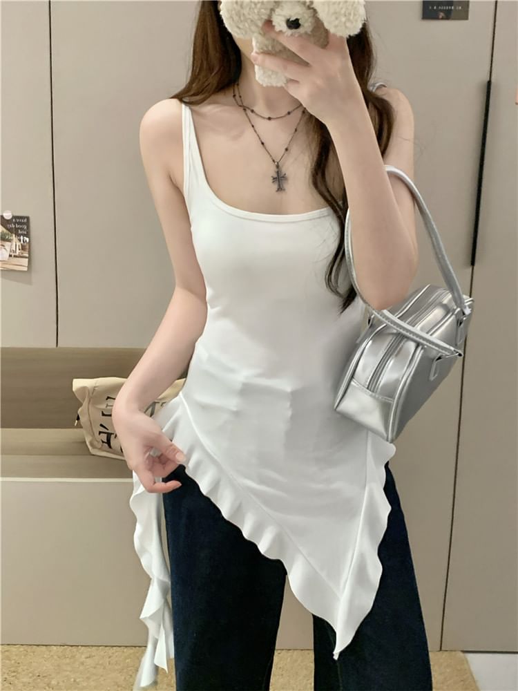 Ruffle Top Slim Neck Tank Long Plain Asymmetrical Square Trim Fit