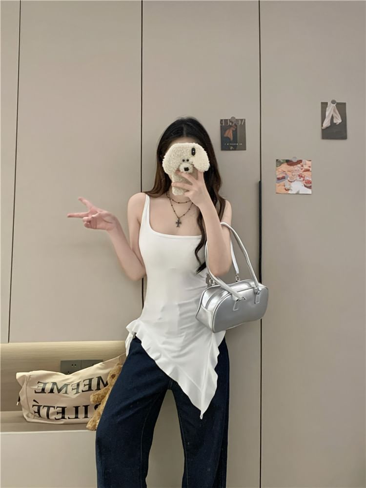 Ruffle Top Slim Neck Tank Long Plain Asymmetrical Square Trim Fit