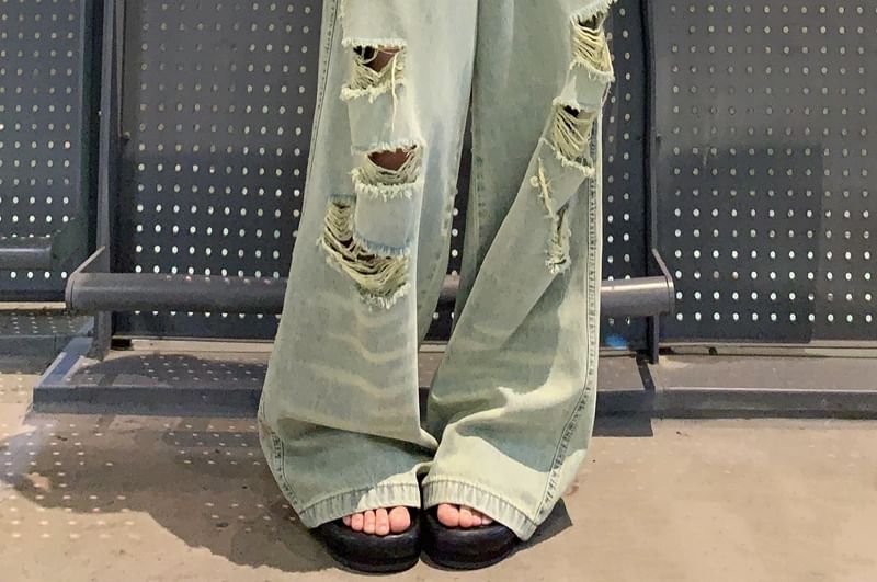 Leg Washed High Jeans Ripped Wide Rise