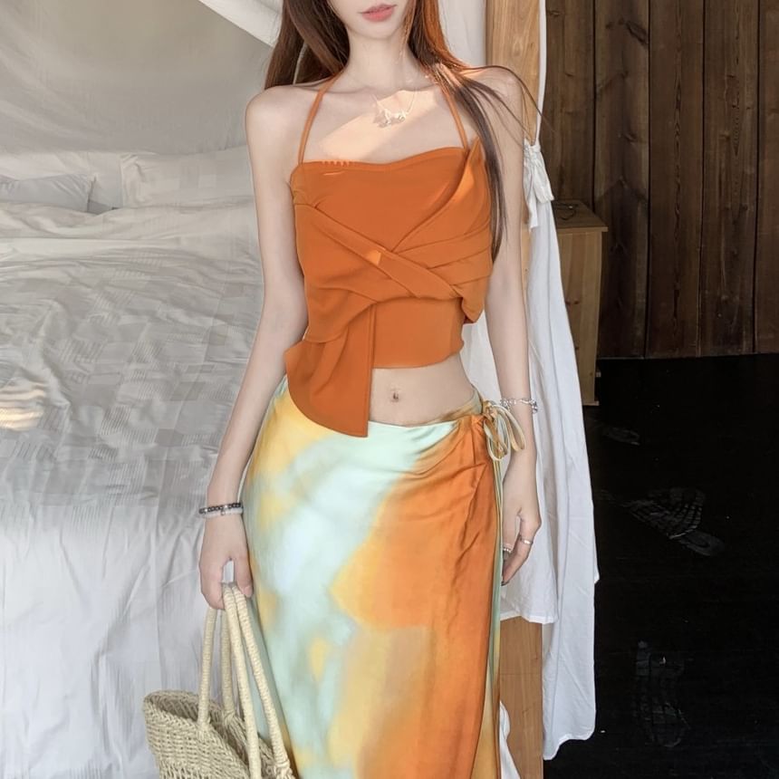 / Fit Crop Tie Slim Top Knot Rise A-Line Skirt Halter Mid Plain Cami Wrap Maxi Dye