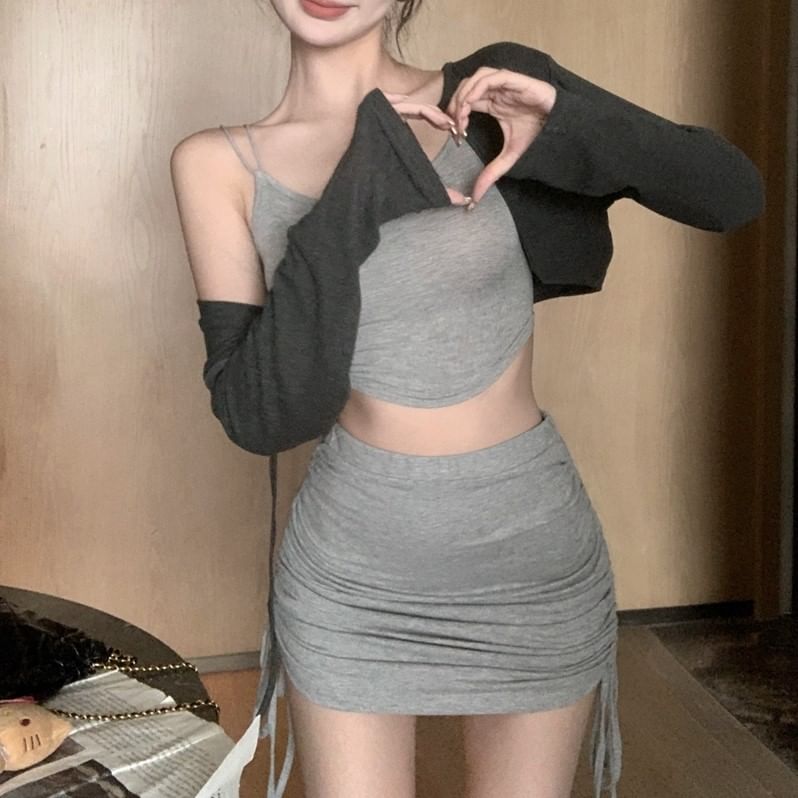 Mini Fit Elastic Melange / Skirt Pencil Crop Top Waist Slim Set Cardigan Camisole Drawstring
