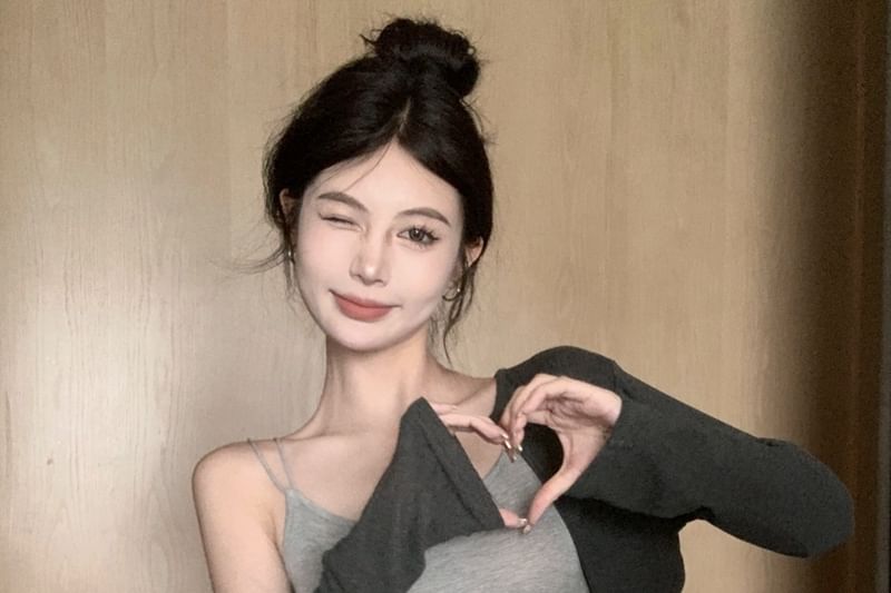 Mini Fit Elastic Melange / Skirt Pencil Crop Top Waist Slim Set Cardigan Camisole Drawstring