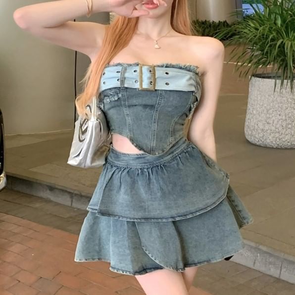 + Crop Asymmetrical High Tube Waist Belted Skirt Top A-Line Tiered Mini Denim Set: