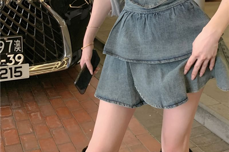 + Crop Asymmetrical High Tube Waist Belted Skirt Top A-Line Tiered Mini Denim Set: