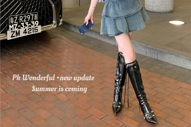 + Crop Asymmetrical High Tube Waist Belted Skirt Top A-Line Tiered Mini Denim Set: