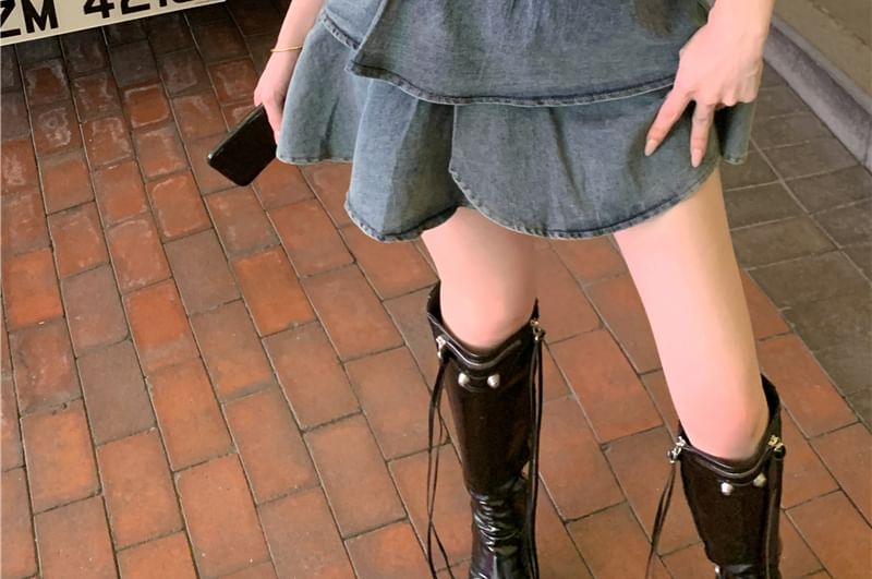 + Crop Asymmetrical High Tube Waist Belted Skirt Top A-Line Tiered Mini Denim Set: