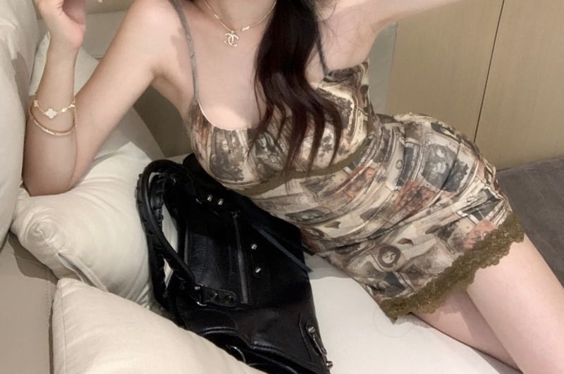 Mini Spaghetti Dress Print Bodycon Strap Lace Trim